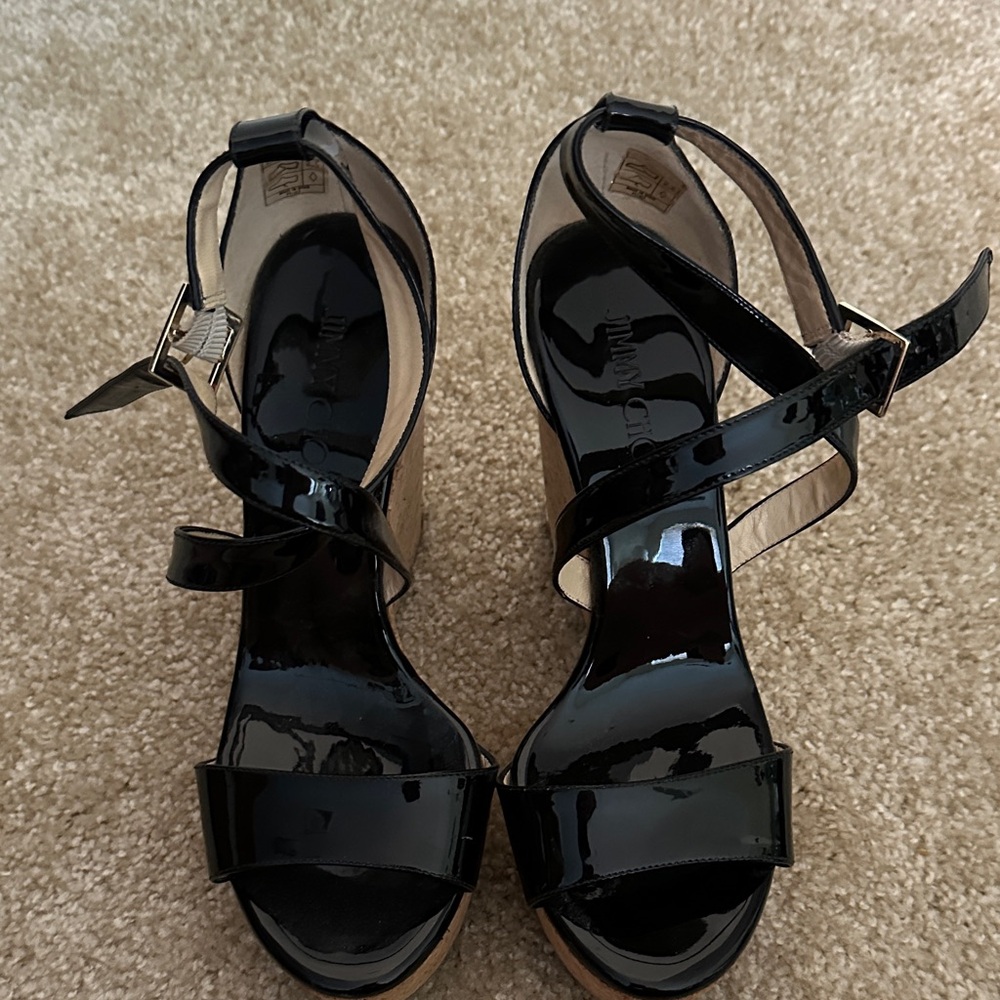 Jimmy Choo Black Patent Cork Wedge Sandals - Women